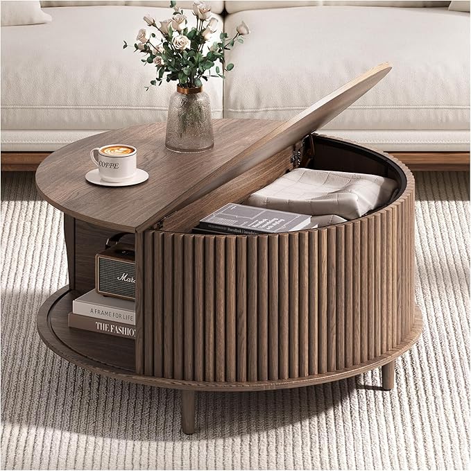 Round Coffee Table with Storage, 31.5" Mid Century Modern Coffee Table with Sliding Door & Solid Wood Legs, Minimalist Fluted Center Table for Living Room, Home Small Space, Walnut