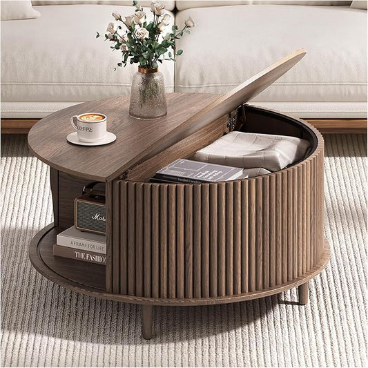 Round Coffee Table with Storage, 31.5" Mid Century Modern Coffee Table with Sliding Door & Solid Wood Legs, Minimalist Fluted Center Table for Living Room, Home Small Space, Walnut