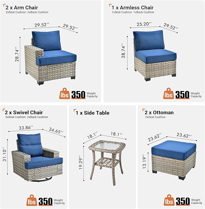 ovios 8 Piece Patio Sectional Furniture with Swivel Rocking Chairs, Rattan Wicker Coversation Set with Glowing Coffee Table, Outdoor Sofa Set for Outside Porch Balcony Backyard Pool,Blue
