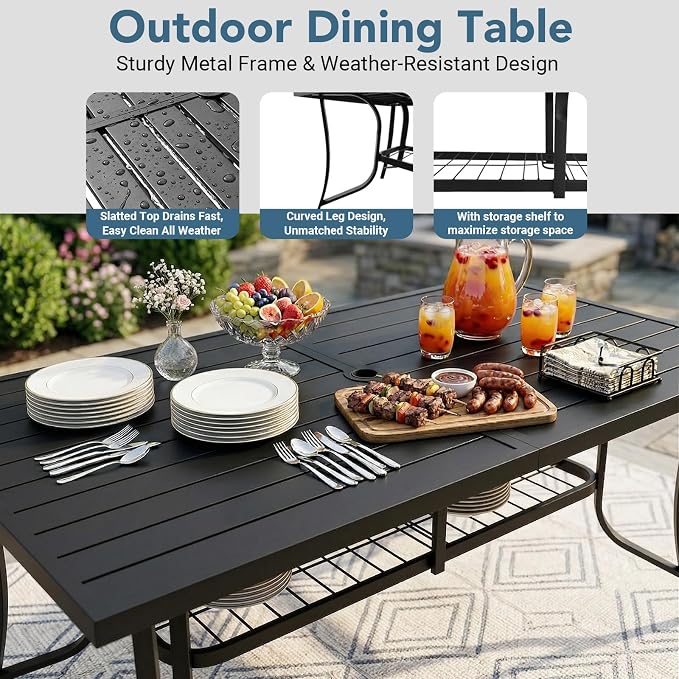 9 Piece Outdoor Patio Dining Sets, 77" Rectangular Metal Dining Table with Umbrella Hole & 8 Stackable Metal Chairs, Weather Resistant Garden Furniture Set for Backyard, Deck, Porch - Image 3
