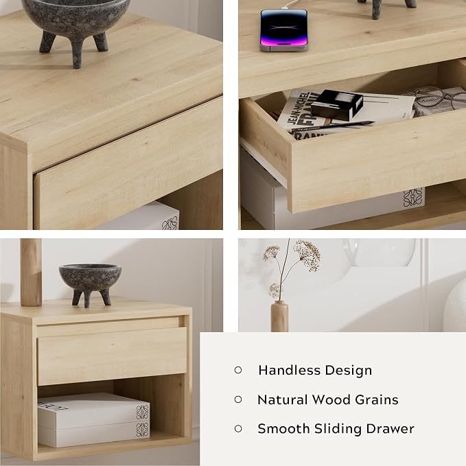 Mid Century Modern Floating Nightstand, Wall Mounted End Table with Drawer and Open Compartment Wooden Bedside Night Stand Small Storage Cabinet for Bedroom, Light Oak - Image 4