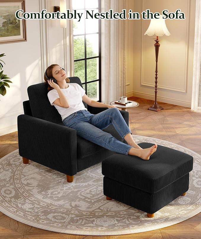 35.3" Couches for Living Room, Comfy Black Couch Single with 22.5" Deeper Seat, Accent Chair Tool-Free Setup, Reading Chair 440lbs Support, Corduroy Couch for Bedroom, Apartment, Office