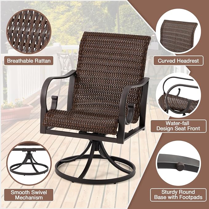 EROMMY Patio Swivel Chairs Set of 2, Heavy Duty Outdoor Dining Chair with 23.5'' High Back, Extra-Large Water-Fall Seat, Rattan Wicker Porch Chair Gentle Rocker for Outside Dark Brown - Image 3