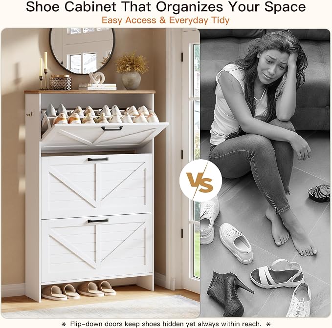 Shoe Storage Cabinet for Entryway, Nicetree Freestanding Shaker Barn Door Ultra Slim Shoe Cabinet With 3 Flip Drawers, Farmhouse Shoe Rack With 3-Tier Adjustable Shelves For Hallway Foyer Rustic-White - Image 6