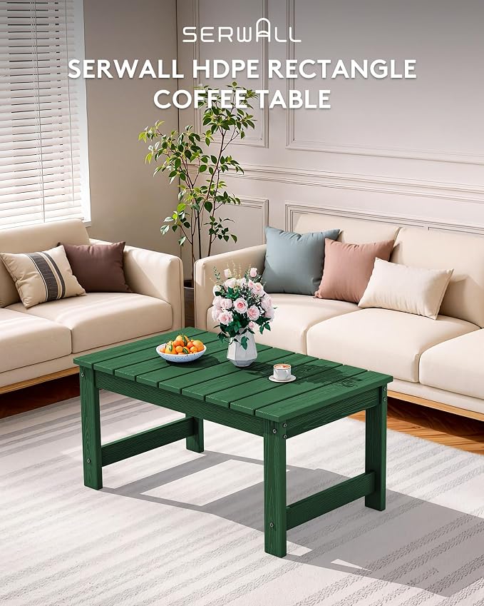 SERWALL Outdoor Coffee Table with 1.69" Umbrella Hole, HDPE Patio Coffee Table for Outside, Rectangle, Green - Image 8
