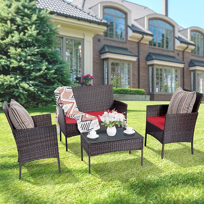 Patio Furniture Set 4 Pieces, Outdoor Rattan Furniture with Tempered Glass Coffee Table, Modern Rattan Patio Chairs Conversation Sets with Sofa for Garden, Terrace, Porch, Lawns Brown/Red