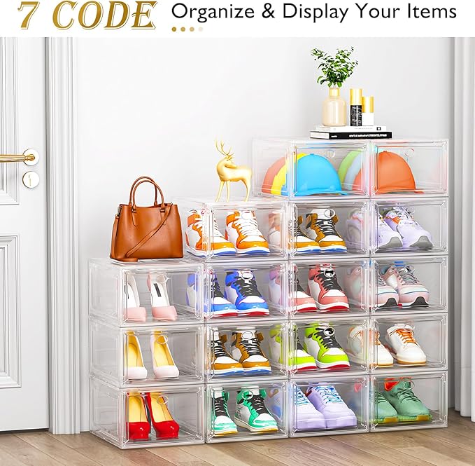 12 Pack Clear Shoe Storage Organizer with Magnetic Door,Stackable Plastic Shoe Boxes for Sneakers,Boots,and Heels,Space-Saving Foldable Shoe Rack for Closet,Durable Shoe Cabinet Organizer,White - Image 5