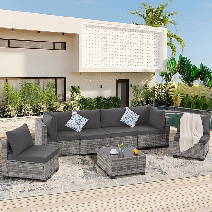 FHFO 7 Piece Outdoor Wicker Patio Furniture Set, Rattan Sectional Sofa Couch, Patio Conversation Set with Cushion & Coffee Table, for Backyard Poolside Porch Garden, Grey-Grey
