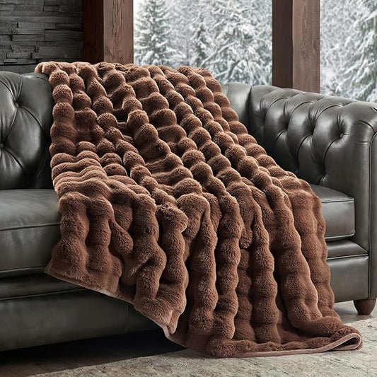 EverGrace Ultra Soft Luxury Fluffy Faux Rabbit Fur Throw Blanket, Thick Warm Bubble Throw for Bed, Cozy Plush Reversible Blankets for Couch, Chair, Sofa, Chestnut, 50x60 Inches