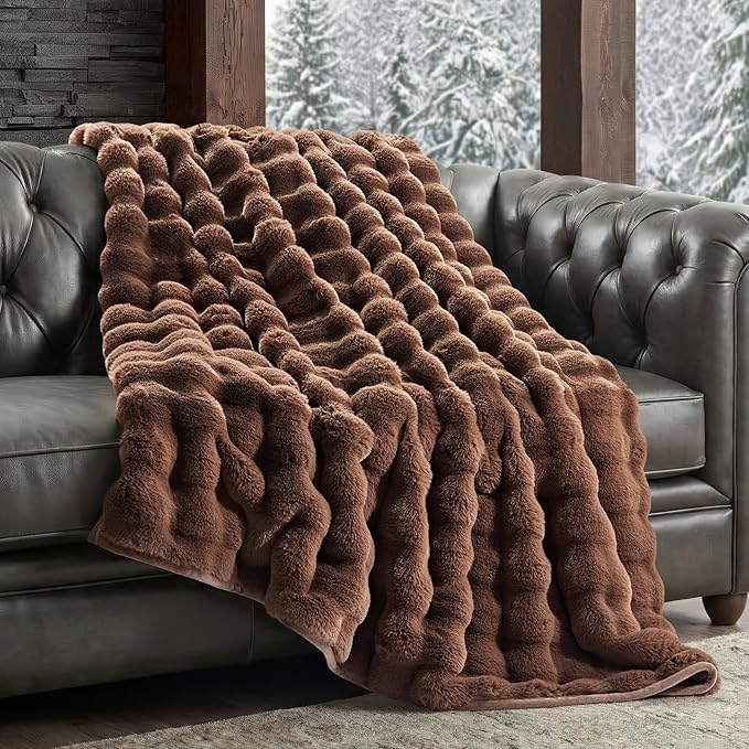 EverGrace Ultra Soft Luxury Fluffy Faux Rabbit Fur Throw Blanket, Thick Warm Bubble Throw for Bed, Cozy Plush Reversible Blankets for Couch, Chair, Sofa, Chestnut, 60x80 Inches