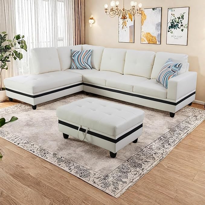 NicBex Modular L-Shaped Sectional Couches, 3-Piece Convertible Couch with Storage Ottoman, 4-Seat Comfy Sofa with Chaise for Living Room & Apartment, White + Black