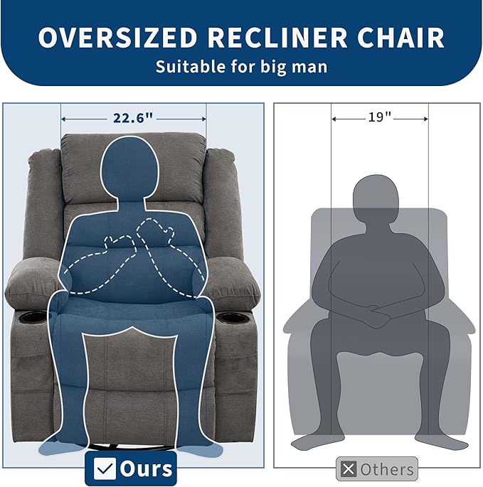 Rocking Recliner Chair for Adults Wide 360° Swivel Rocker Recliner with Cup Holder Nursery Glider with Upholstered Deep Seat Linen Lazy boy Chair for Living Room Grey