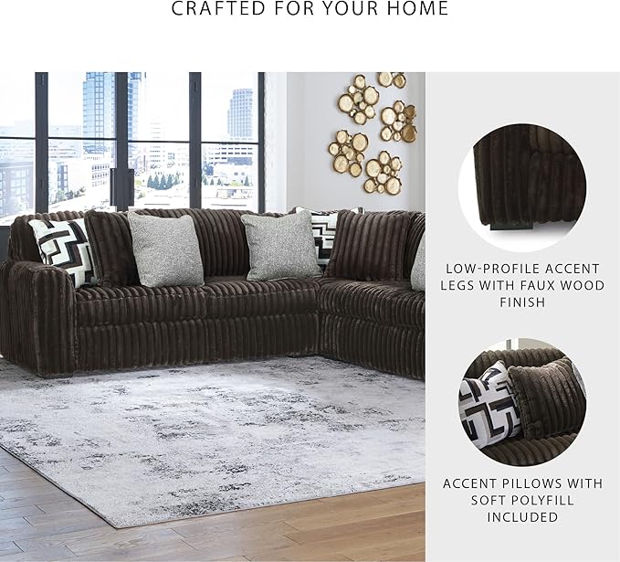 Signature Design by Ashley Midnight-Madness Casual L-Shaped Anti Sag 3-Piece Sectional with Reversible Seat Cushions and 9 Accent Pillows, Dark Brown