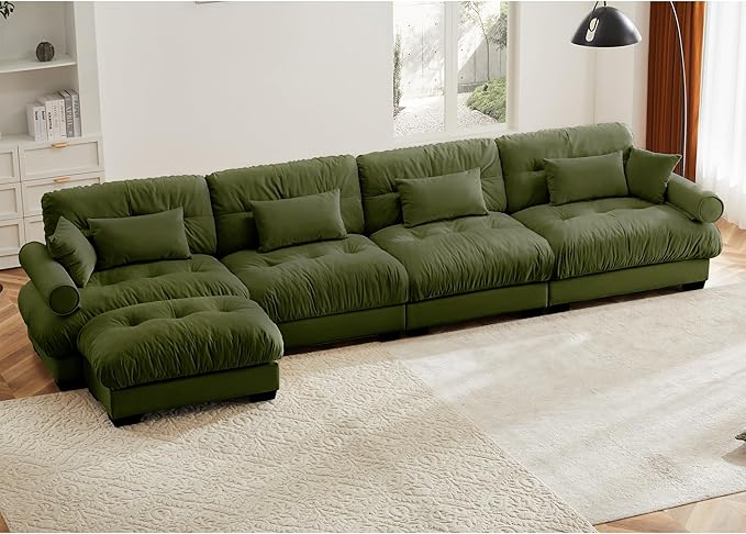 KEIKI 166" L-Shaped Oversized Velvet Modular Sectional Sofa with 1 Ottoman, High-Density Foam Cushions and Bolstered Armrests, Upholstered 4-Seater Cloud Couch with 6 Pillow, for Living Room, Green
