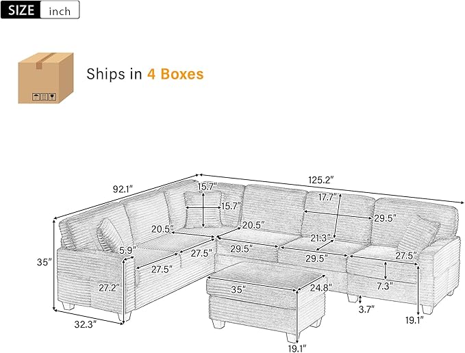 125.2" Sectional Sofa U-Shaped Upholstered Sofa L-Shaped Couch with a Movable Ottoman and Side Storage Pockets for Living Room, Black