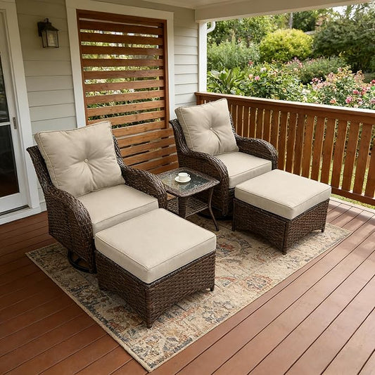 Patio Furniture Set, 5PCS Outdoor Wicker Conversation Set with 6" Thick Cushions, High Back Swivel Rocker Chairs, Weather Resistant Olefin Fabric for Garden, Poolside, Beige