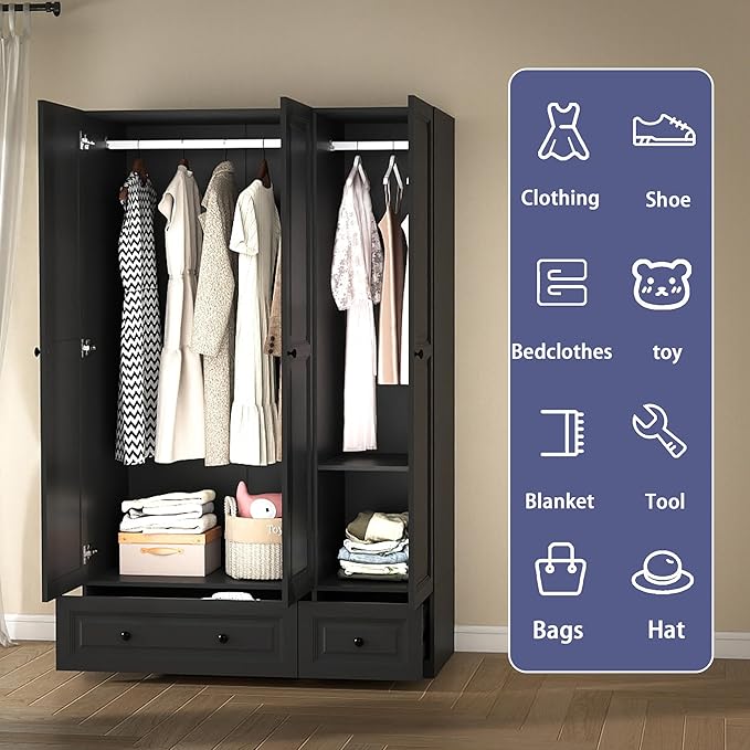 Armoire Wardrobe Closet with Drawers: 74" Black Wardrobe Close with 3 Doors, Tall Armoire with Hanging Rod, Large Wood Clothes Cabinet for Bedroom (Black, 47")