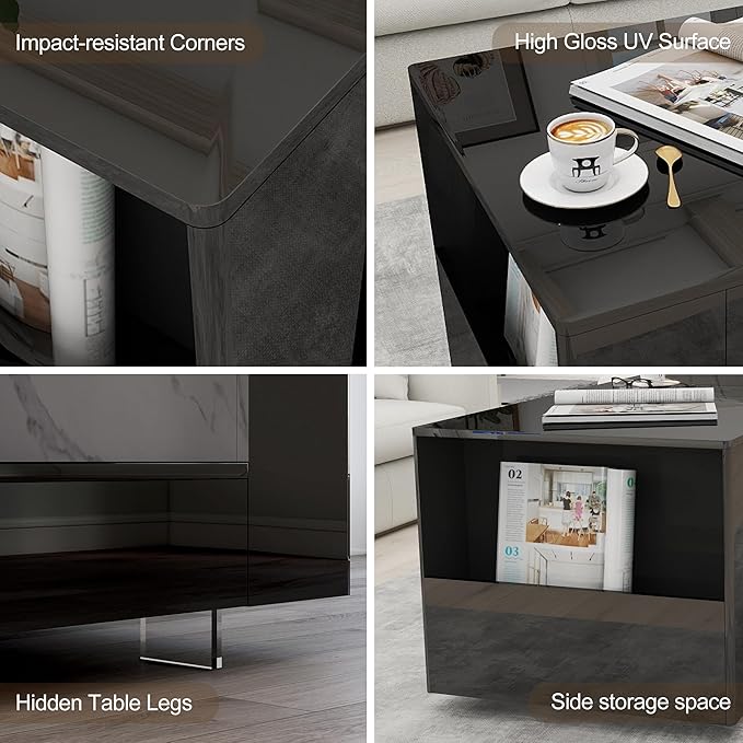 High Gloss Wood Coffee Table for Living Room, Sides Storage with Transparent Legs, Modern 2-Tier Storage Shelf Center Table for Home Office, Apartment, Black