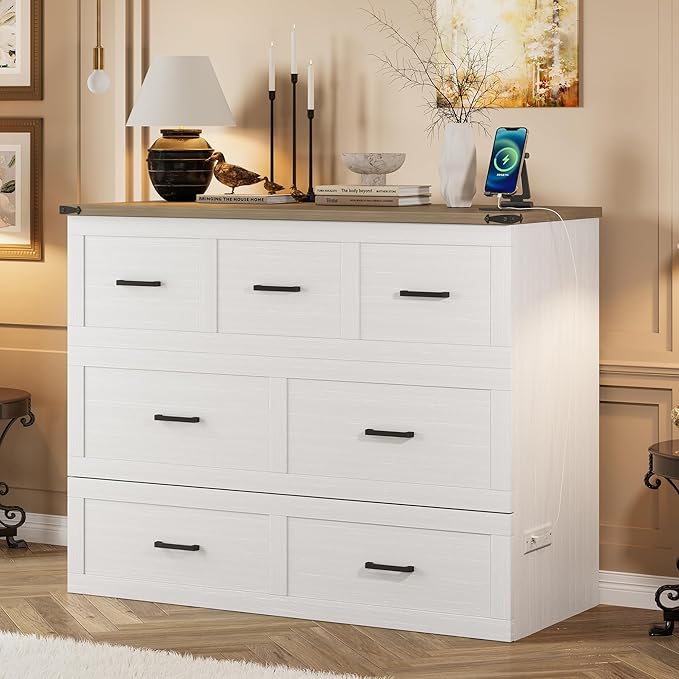 Bellemave Full Size Murphy Bed, Cabinet Bed with Charging Station and 1 Large Storage Drawer, Farmhouse Murphy Cabinet with Foldable Panel, Noisy Free, for Guest Bedroom, Living Room, White
