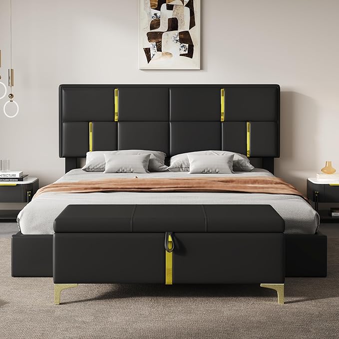 Harper & Bright Designs Queen Size Platform Bed with Lift Up Storage and Ottoman Bench, Velvet Upholstered Queen Bed Frame with Headboard, 2-Pieces Queen Bedroom Sets, Easy Assemble, Black