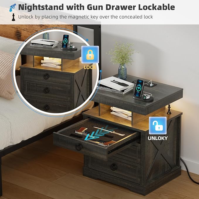 Nightstand Set 2 with Gun Drawer,LED Bedside Table with Charging Station,Night Stand with Human Sensor Design and 3 Open Shelves, Modern End Tables Bedroom, Brown - Image 4