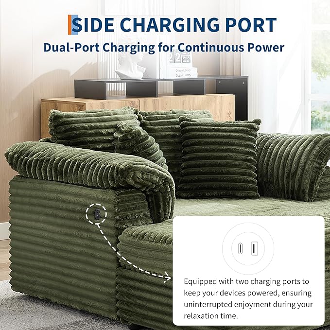 Oversized Chaise Lounge Chair 59 * 54 Inch Indoor Comfy Corduroy Cloud Sleeper Couch Upholstered Sofa Bed with USB Port Throw Pillows Supportive Armrests for Living Room