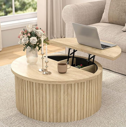 Lift Top Coffee Table with Storage, Round Coffee Tables for Living Room, 34.6'' Farmhouse Fluted Coffee Table, Wood Center Table with Large Hiddern Storage Compartment (Wood Color)