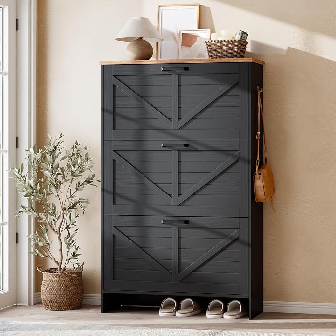Nicetree Barn Door Shoe Cabinet for Entryway - Modern Farmhouse Shoe Storage Cabinet with 3 Flip Drawers - Slim Hidden Shoe Organizer, 3-Position Adjustable Divider, Fits Size 13, Brushed Black by Nicetree