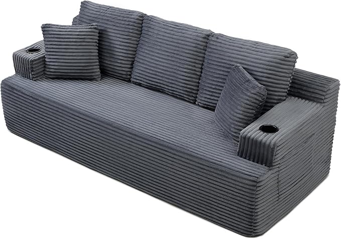 Eafurn Floor Loveseat Boneless Sofa Couch in a Box with Cup Holder and Side Pockets, 3 Seater Comfy Corduroy Upholstered Foam Couch with Deep Seating for Living Room,No Assembly | Breathable material, Cupholders