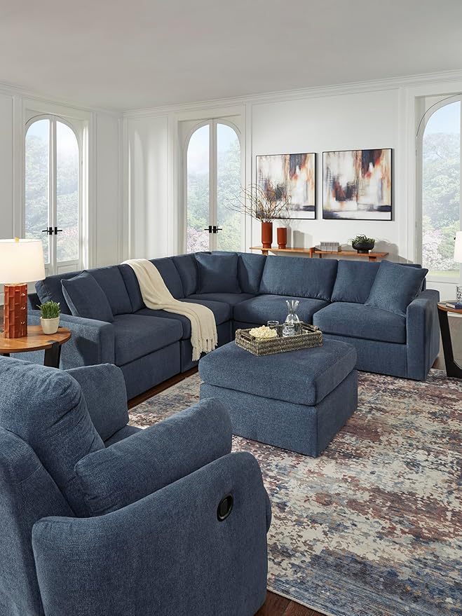 Signature Design by Ashley Modmax Contemporary Stain Resistant Square Oversized Accent Ottoman with Non-Skid Legs, Blue