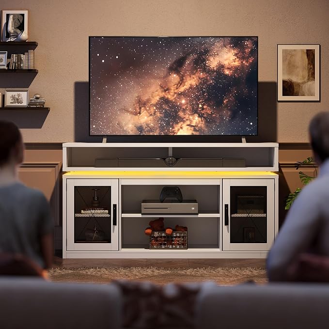 WLIVE Farmhouse TV Stand for TVs Up to 65 Inches, Tall Entertainment Center with Storage Cabinets & LED Lights, Media Console for Living Room, Bedroom, Home Theater, White - Image 9