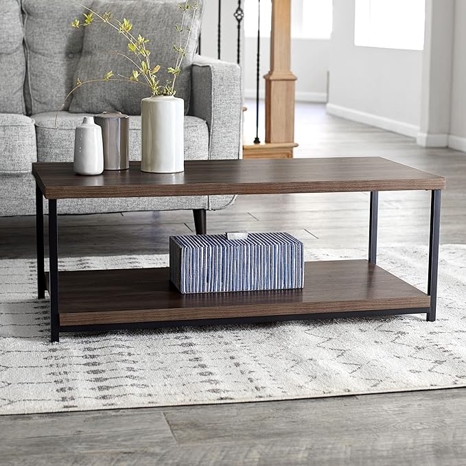 Household Essentials Jamestown Rectangular Coffee Table with Storage Shelf Mid Century Walnut Wood Grain and Black Metal