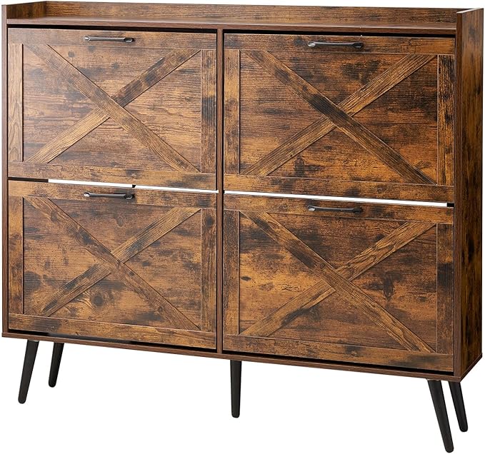 VEVOR Shoe Cabinet with 4 Flip Drawers, Farmhouse Shoes Storage Cabinet with Wood Legs and Anti-Tipping Device, Freestanding Shoe Organizer Ideal for Entryway, Hallway, Bedroom, Living Room, Brown by VEVOR