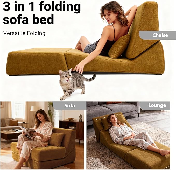 Folding Sofa Bed Chair, Convertible Sleeper Sofa Couch Bed w/Pillow, Lounge w/Back Support & Washable Cover for Living Room, Bedroom, Apartment, Office (Yellow) | With ashable cover, Foldable chair bed