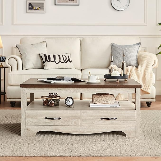 LINSY Farmhouse Coffee Table, Rectangle Coffee Table with Drawers, Rustic Wooden Coffee Tables with Storage, Center Table for Living Room, Apartment, Office, White Oak