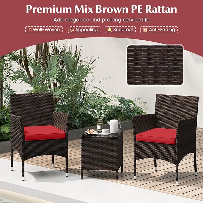 KOTEK 3 Piece Patio Furniture Set, Outdoor Wicker Patio Chairs with Soft Cushions & Tempered Glass Top Table, PE Rattan Bistro Set for Porch, Garden, Balcony (Red)