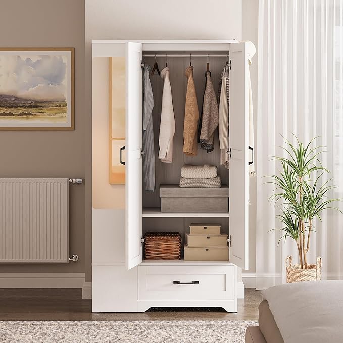 LIKIMIO Armoire Wardrobe Closet with Barn Doors and Drawers and Full Mirror and 5 Storage Shelves 70" Wooden Bedroom Wardrobe Combination for Hanging Clothes, White