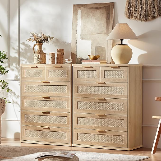 LEYAOYAO Rattan Dresser for Bedroom, 41" Tall Chest of Drawers, Modern 6 Drawers Boho Dressers with Storage, Light Oak Dresser Wooden Closet Organizer for Living Room, Hallway, Natural Wood - Image 2
