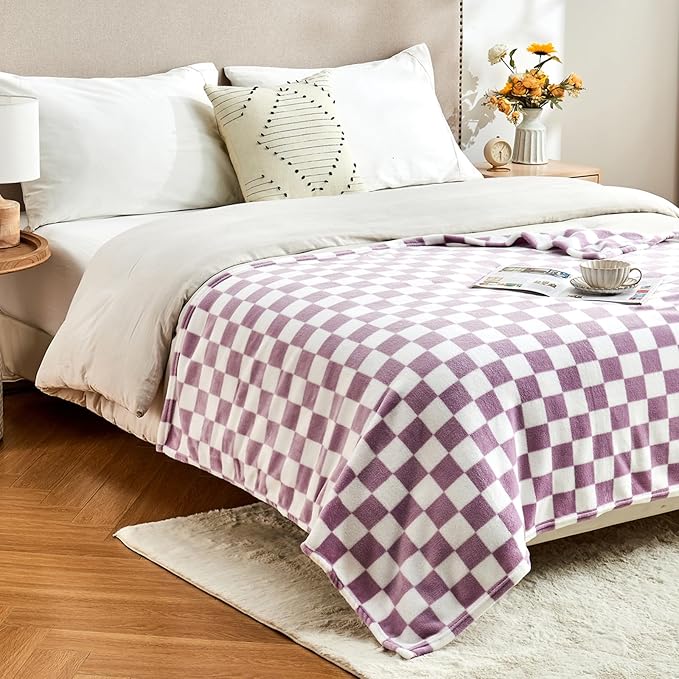 Edenleaf Checkered Blanket Flannel Throw Blankets Soft Cozy Checkered Grid Print Chessboard Gingham Pattern Throws for Bed Sofa Couch for All Seasons, 50x60 Inch, Purple