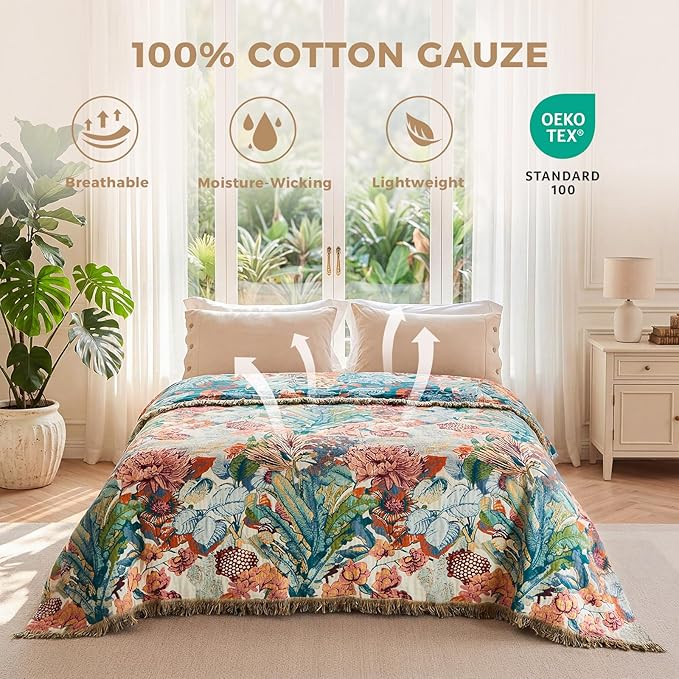 LUTBM Boho Throw Blanket for Couch Sofa Chair Cotton Spring Blankets for Bedroom Living Room All Season Soft Lightweight Reversible Botanical Floral Embroidery Decorative Throws 50"x60" Home Decor
