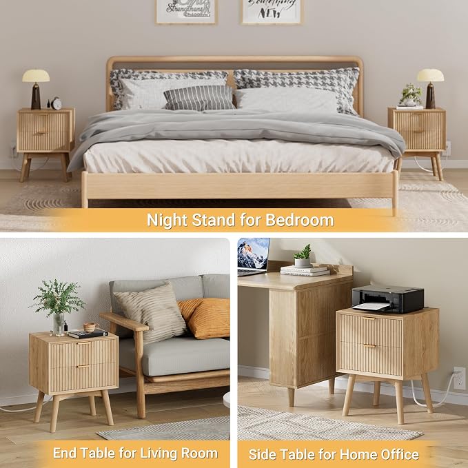 Fluted Nightstands Set of 2 with Charging Station and Solid Wood Legs, 18" Beveled Edges Night Stand, 2 Drawer Wood End Table w/Metal Handle, Modern Bedside Table for Bedroom, Natural Oak - Image 6