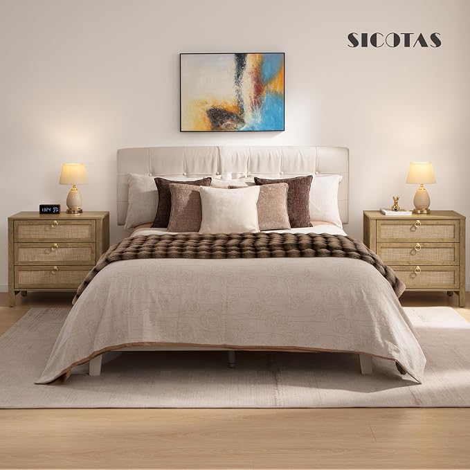 SICOTAS Nightstand Set of 2 with Drawers, Rattan Nightstands, Large Modern Boho Night Stand Wide Bedside Tables for Bedroom - Image 4