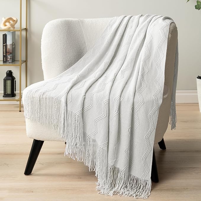 PAVILIA White Knit Throw Blanket for Couch, Twin Bed, Soft Knitted Farmhouse Sofa Throw for Living Room, Lightweight Decorative Summer Blanket for Chair, Outdoor Textured Boho Blanket, 60x80