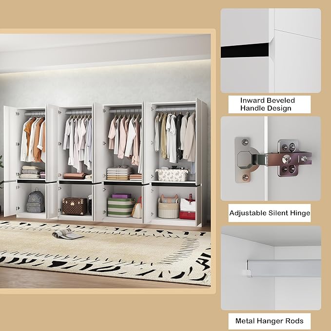 Bedroom Armoire Wardrobe Closet with 8 Doors: 75" White Wardrobe Cabinet for Clothes, Wooden Closet with Hanging Rod, Modern Armoire with Shelves (4)