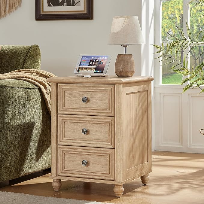 RWYHG 18" Farmhouse Night Stand, Natural Wood Nightstand with 3 Drawers, Bedside End Table with Storage and Roman Column, Bed Side Tables Cabinet for Bedroom, Living Room, and Closet - Image 5