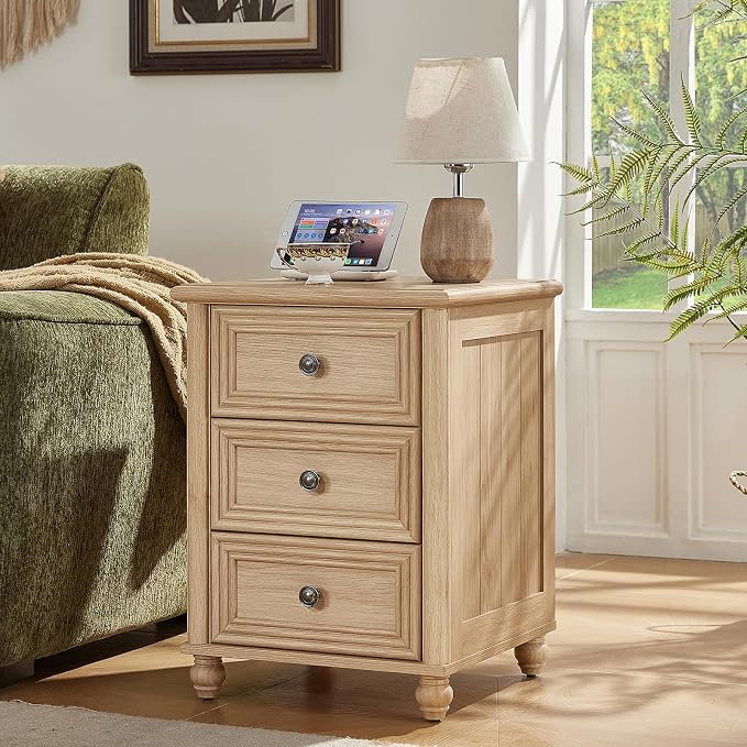 RWYHG 18" Farmhouse Night Stand Set of 2, Natural Wood Nightstand with 3 Drawers, Bedside End Table with Storage and Roman Column, Bed Side Tables Cabinet for Bedroom, Living Room, and Closet - Image 5