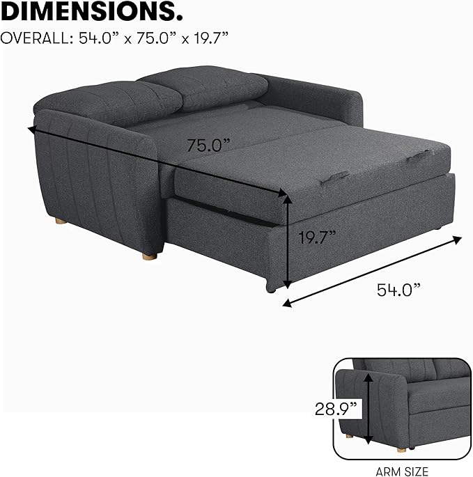Serta Galway 66.5" Convertible Sleeper Loveseat, Full Size, Dreamcoil Comfort, FingerGuard Pinch Point Protection, Boucle Fabric, Charcoal
