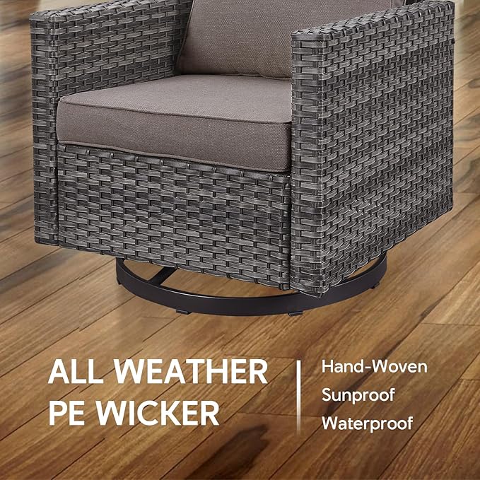 Outdoor Swivel Rocker Chairs Set of 4 with Fire Pit Table - 5 Peice Wicker Patio Furniture Set Conversation Set with 50,000 BTU Fire Pit for Deck Backyard - Grey Wicker Grey Cushion