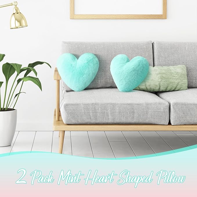Marsui 2 Pcs Heart Throw Pillows, Soft Fluffy Faux Fur Decorative Hearts Shaped Pillows for Living Room Sofa Bed, Cute Heart Themed Gift for Women(Mint,11.81 x 11.02 Inch)