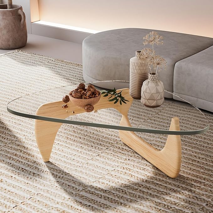 Modern Large Glass Triangle Coffee Table - Unique Wooden Center Table with Wood Legs, Funky Vintage Minimalist Design for Small Spaces